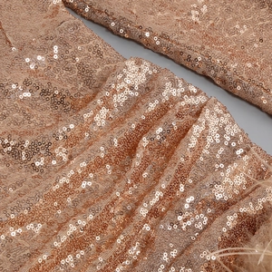 Detail of rose gold sequins and ostrich feather trim on the party dress hemline
