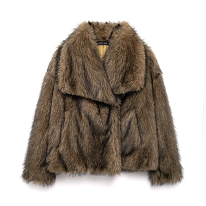 Close-up of rich dark brown faux fur jacket with soft lustrous texture and premium finish