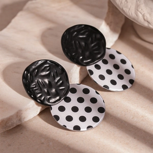 Retro acrylic black and white polka dot round earrings with geometric textured metal studs