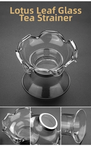 Macro detail of lotus-shaped glass tea strainer with fine stainless steel filter mesh