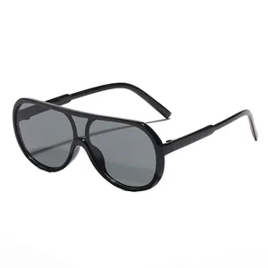 Modern oversized one-piece aviator sunglasses for kids with black frame and dark gray lenses