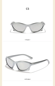 Close-up of silver futuristic cat-eye sunglasses showing front and 45-degree side angles