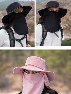 Détail du masque amovible et du protège-nuque sur le chapeau de soleil anti-UV plein air