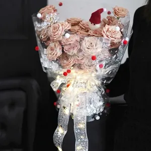 Christmas Cellophane Wrapping Paper OPP Waterproof Snowflake Print Colorful Pom Poms Decorative Film For Flower Bouquet