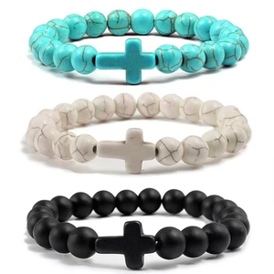 Natural Stone Beaded Bracelet With Cross Charm Lava Rock Tiger Eye Agate Elastic Rope Jewelry For Women Men