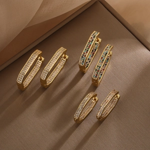 Geometric Rectangular Hoop Earrings Copper Gold Plated Zircon Inlaid Retro Minimalist Light Luxury Jewelry For Women