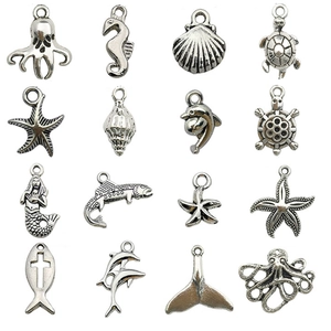 16-piece antique silver ocean charm set featuring mermaid starfish and sea turtle pendants