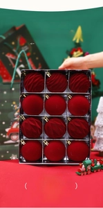 Set of 12 red flocked Christmas ornaments with textured and smooth finishes with gold caps