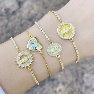 Adjustable Slider Bracelet Copper 18K Gold Plated Saint Mary Heart Pendant Colorful Zirconia Religious Jewelry