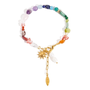 Colorful natural stone beaded bracelet with golden sun pendant and freshwater pearls