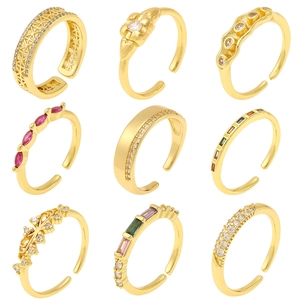 Vintage Copper Zirconia Open Adjustable Ring For Women 18K Gold Plated Geometric Flower Leaf Pattern Luxury Jewelry Gift