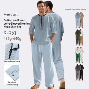 Men Casual Linen Henley Collar Shirt And Long Pants Breathable Beach Outfits Lightweight Vacation Yoga