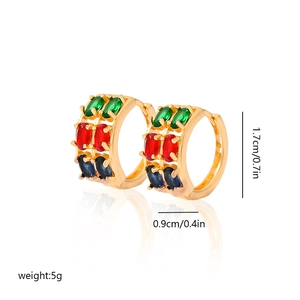 Detail showing 1.7cm gold-plated hoop earrings with colorful oval zircon stones and size info