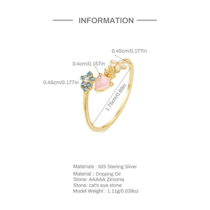 Detailed technical diagram of 925 sterling silver butterfly flower ring with measurements
