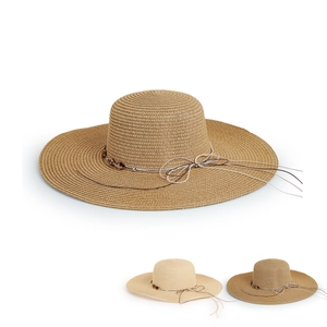 Women Wide Brim Straw Sun Hat Paper Woven Summer Beach UV Protection Ribbon Bowknot Wood Beads Bohemian Casual