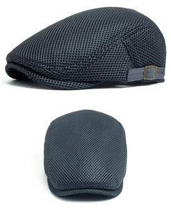 Detail of dark grey breathable mesh flat cap with adjustable metal side buckle
