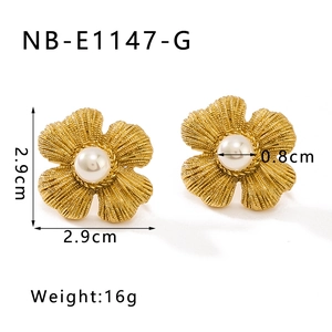 Detail view of 18K gold plated petal earrings with pearl center including dimensions