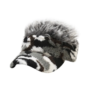 Winter camouflage baseball cap with fuzzy grey faux hair top for outdoor leisure style