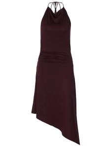 Robe dos nu violet foncé élégante avec taille plissée et ourlet asymétrique moderne