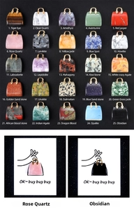 Detail view of 25 mini gemstone handbags in tiger eye, rose quartz and amethyst with gold handles