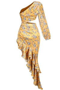 Detail of floral two-piece set with one-shoulder crop top and ruffled wrap skirt