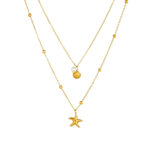 Double-layered gold titanium steel necklace with starfish shell and pearl pendants