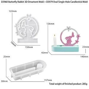Detail view of oval candle holder silicone mold and 3D floral moon rabbit craft mold
