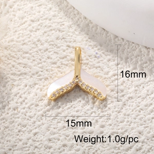Detailed size view of gold mermaid tail pendant with white shell and sparkling zircons