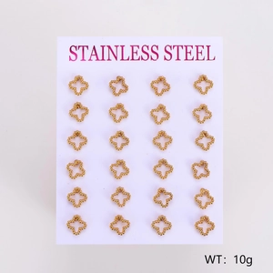 Detail view of 12 pairs gold flower-shaped stainless steel stud earrings on display card