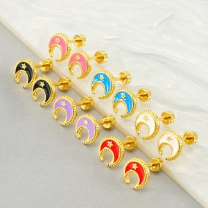 Moon Star Stud Earrings 18K Gold Plated Stainless Steel Enamel Flat Back Screw On Piercing Jewelry For Women Girls