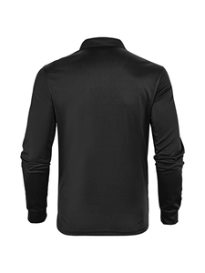 Detail view of the back of a black long sleeve polo shirt showing breathable mesh texture