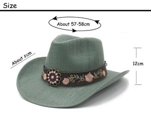 Detailed size chart for green straw cowboy hat showing 58cm circumference and 8cm brim