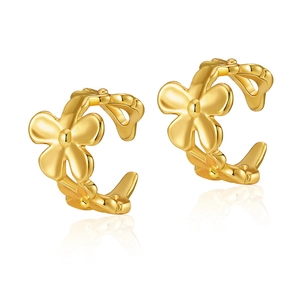 Floral woven ear bone clip in warm 18K gold finish with polished minimalist metal petals
