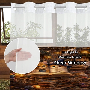 Translucent sheer bathroom curtain with cute literary cat library print and metal rings