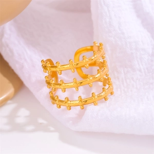 Chic 18k gold plated stainless steel triple layered open ring with studded fence design