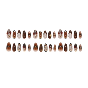 Retro almond press-on nails with 3D cherry, floral art, and tortoise shell patterns