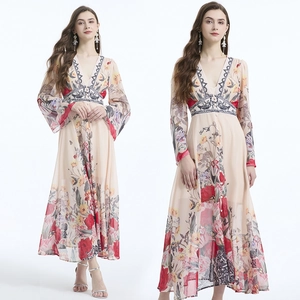 Vestito Maxi Donna Chiffon Stampa Floreale Scollo A V Profondo Maniche A Campana Bohemien Elegante Vita Alta Orlo A Volant
