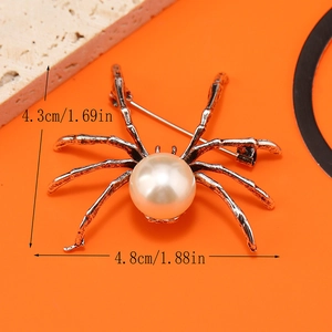 Vintage spider brooch with white pearl in silver metal finish, size 4.8cm x 4.3cm