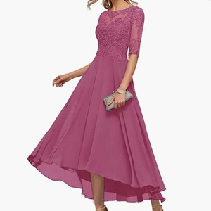 Women Elegant Lace Chiffon Evening Dress High-Low Hem Half Sleeve Lace-Up Back Banquet Party Gown