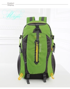 Detail of waterproof green hiking backpack with reinforced buckles and adjustable straps