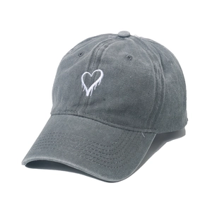 Vintage washed grey cotton baseball cap featuring unique white heart embroidery for women
