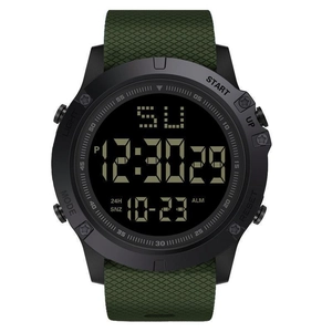 Macro view of army green digital sports watch showing clear LCD display and functional buttons