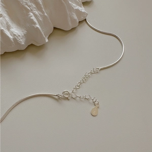 Close-up of S925 sterling silver snake chain necklace with spring clasp and hallmark tag