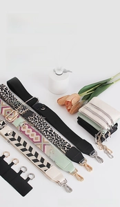 Detail of adjustable patterned shoulder straps and compact three-zipper crossbody bags