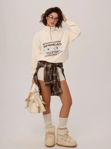 Sweat oversize beige à demi-zip avec imprimé lettres et style chemise à carreaux