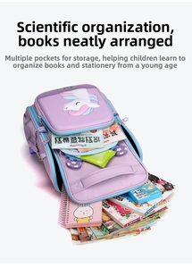 Detailed view of the multi-layer interior storage for books and unicorn school backpack