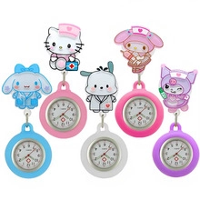 Detail view of colorful Sanrio character nurse fob watches in silicone sleeves