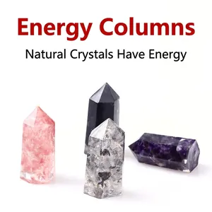 Set of four natural crystal hexagonal energy columns including rose quartz and amethyst