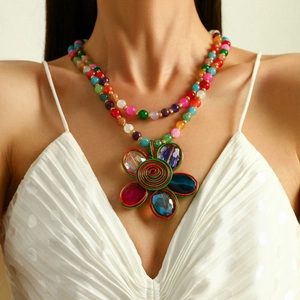 Bohemian Beaded Necklace Handmade Flower Pendant Double Layer Glass Bead Long Sweater Chain For Women