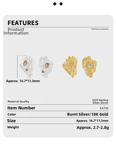 Detailed view of S925 sterling silver square earrings with rock texture and zircon stones